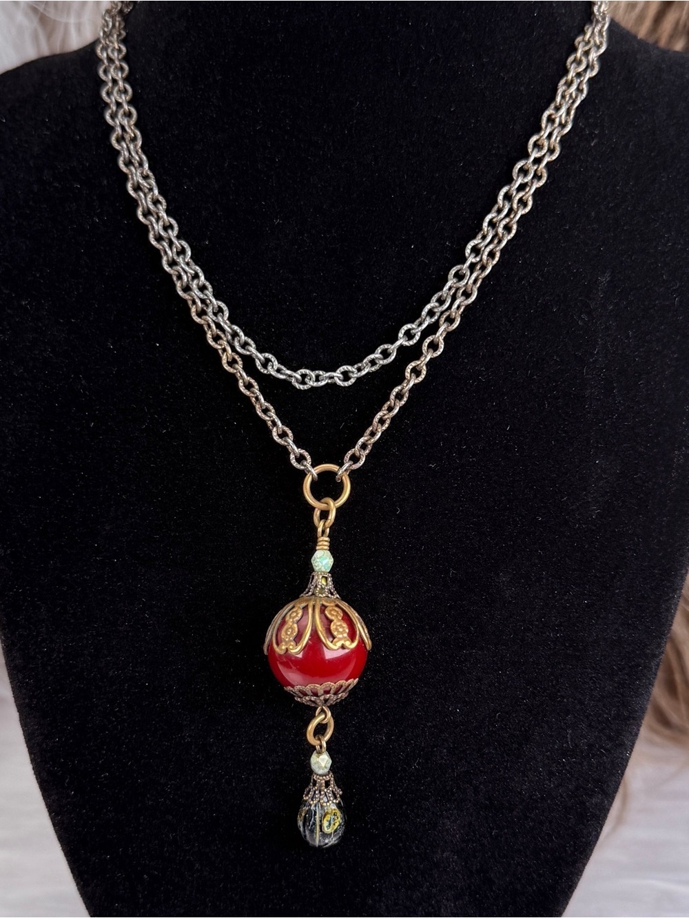 Vintage Long Boho Pendant Necklace Red Bead Antique Finish